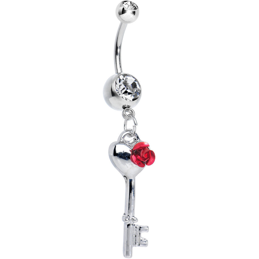 BodyCandy Crystalline Gem Blooming Rose Flower and Heart Key Dangle Belly Ring — main product shot