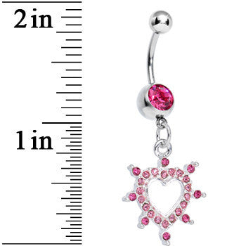 BodyCandy Pink Gem Bursting in Love Paved Heart Dangle Belly Ring — detail close-up