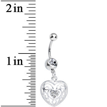 BodyCandy Clear Gem Flattering Hollow Heart Dangle Belly Ring — detail close-up