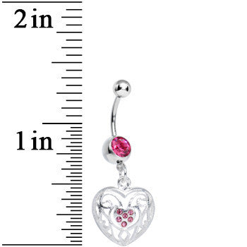 BodyCandy Pink Gem Flattering Hollow Heart Dangle Belly Ring — detail close-up