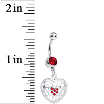 BodyCandy Red Gem Flattering Hollow Heart Dangle Belly Ring — detail close-up