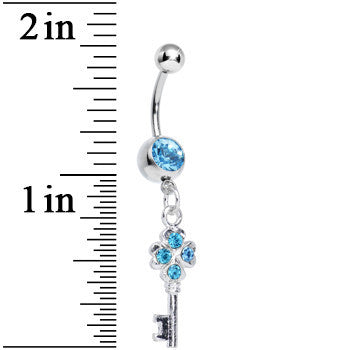 BodyCandy Aqua Gem Antique Magic Heart Key Dangle Belly Ring — detail close-up