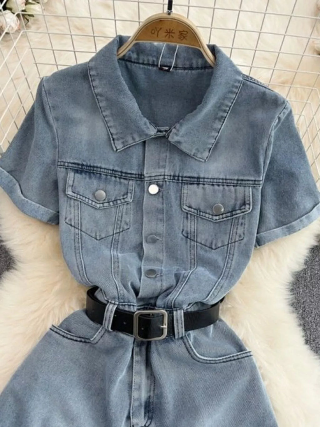 Button Front Short Sleeve Denim Romper