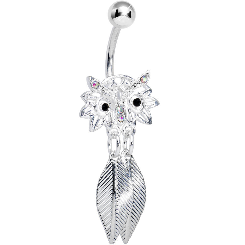 BodyCandy Aurora Gem Gleaming Feathers Surprised Owl Dangle Belly Ring — main product shot