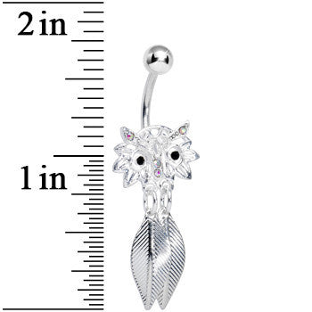 BodyCandy Aurora Gem Gleaming Feathers Surprised Owl Dangle Belly Ring — detail close-up