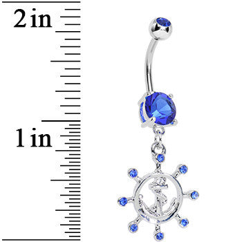 BodyCandy Blue Gem Sailing in Style Ship Wheel and Anchor Dangle Belly Ring — detail close-up