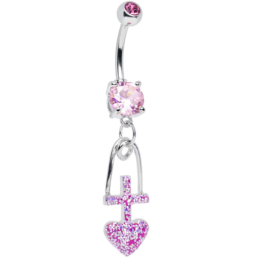 BodyCandy Pink Gem Glitter Cross and Heart Dangle Belly Ring — main product shot