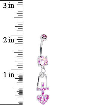 BodyCandy Pink Gem Glitter Cross and Heart Dangle Belly Ring — detail close-up