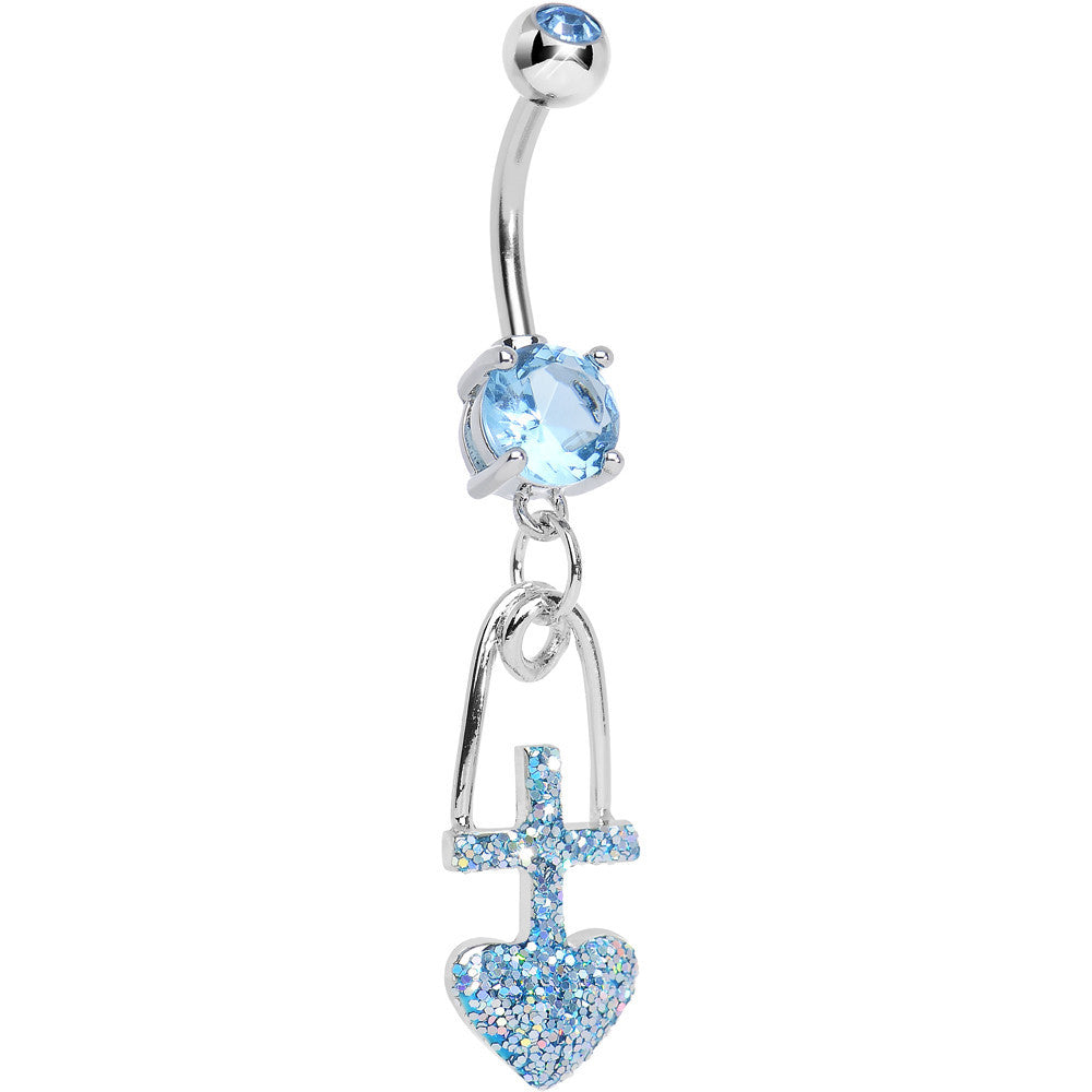 BodyCandy Aqua Gem Glitter Cross and Heart Dangle Belly Ring — main product shot