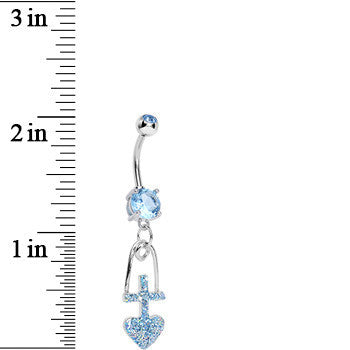 BodyCandy Aqua Gem Glitter Cross and Heart Dangle Belly Ring — detail close-up