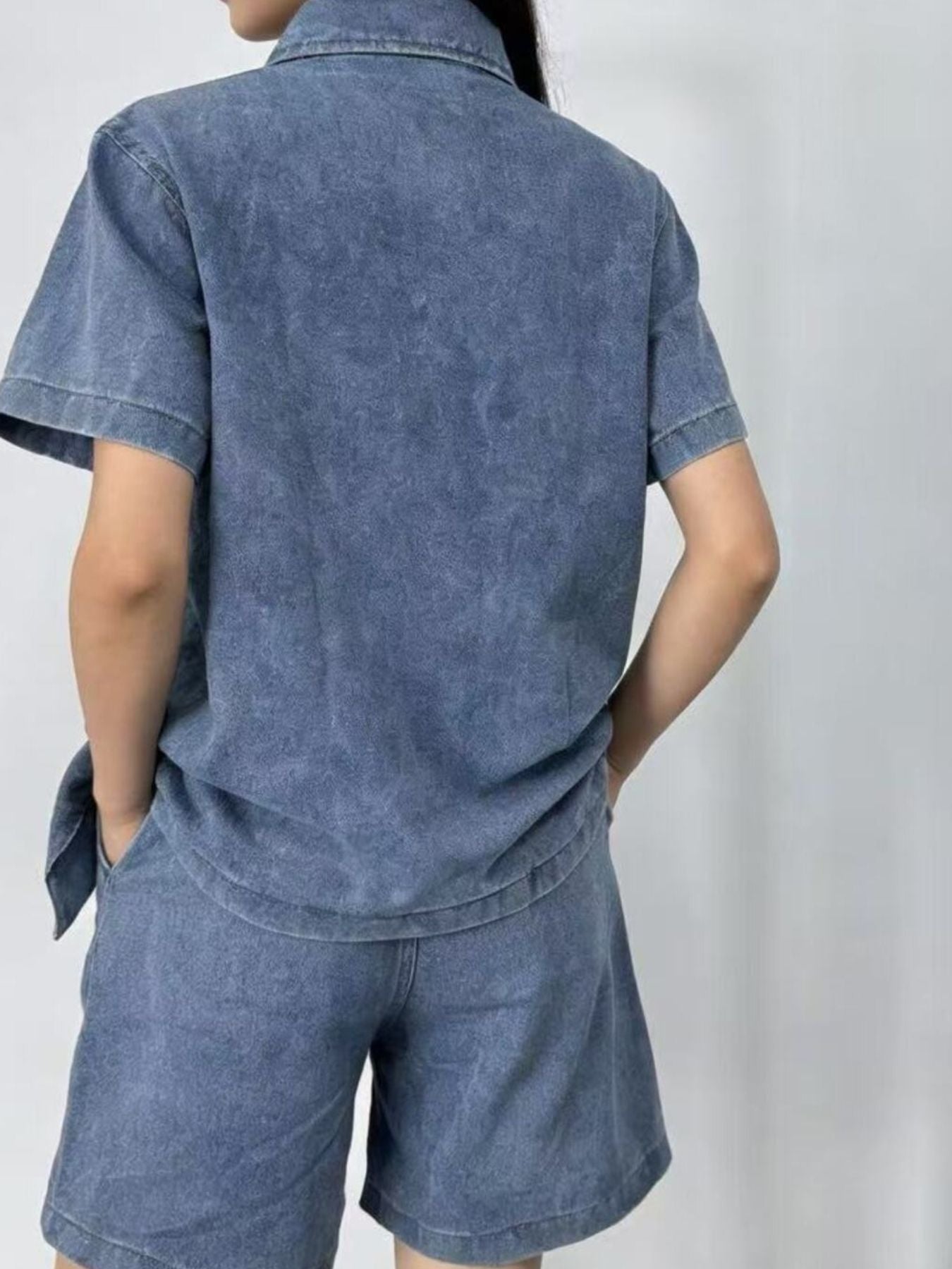 Button Up Short Sleeve Top and Shorts Denim Set