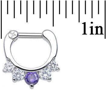 BodyCandy 14G 1/4 Five Clear and Tanzanite Cubic Zirconia Septum Clicker — detail close-up