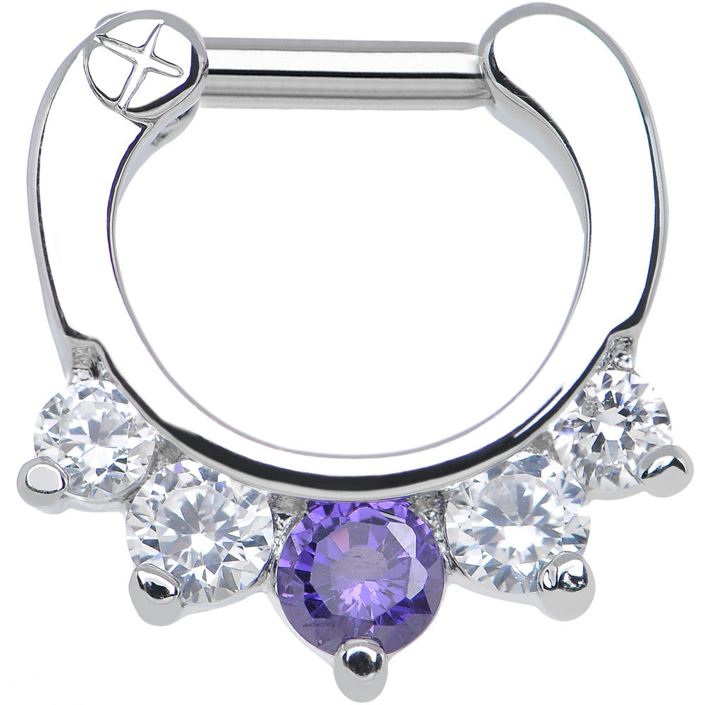 BodyCandy 14G 1/4 Five Clear and Tanzanite Cubic Zirconia Septum Clicker — main product shot