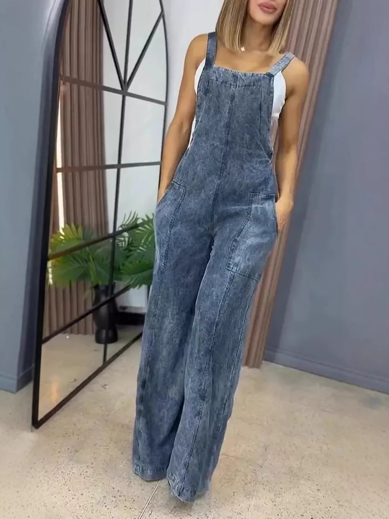 Full Size Vintage Wash Wide Leg Denim Overalls Plus Size