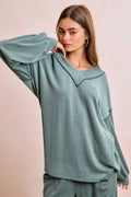 BiBi Two Tone Cord Rib Contrast Stitching V-Neck Top and Pants Set