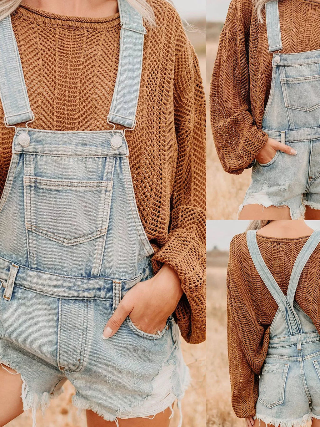 Distressed Denim Overalls Shorts