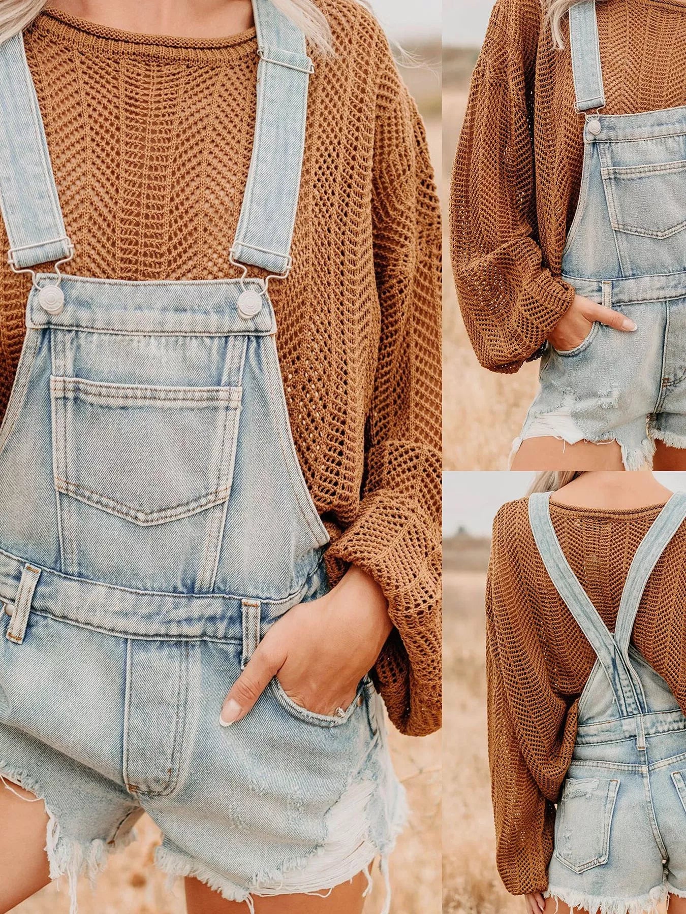Distressed Denim Overalls Shorts