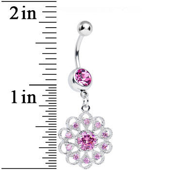 BodyCandy Pink CZ Round Crystal Flower Dangle Belly Ring — detail close-up