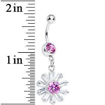 BodyCandy Pink CZ Clear Crystal Flower Burst Dangle Belly Ring — detail close-up