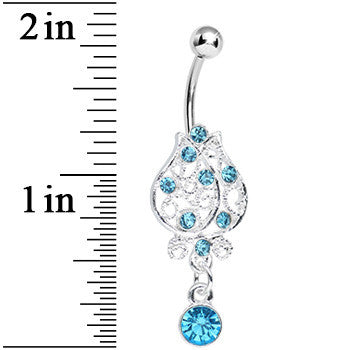 BodyCandy Aqua Gem Brilliant Rosebud Dangle Belly Ring — detail close-up