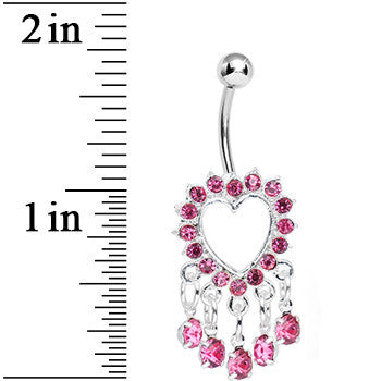 BodyCandy Pink Gem Super Sparkle Drops and Hollow Heart Dangle Belly Ring — detail close-up