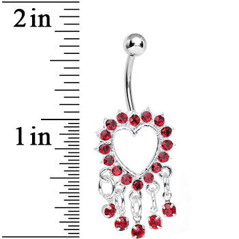 BodyCandy Red Gem Super Sparkle Drops and Hollow Heart Dangle Belly Ring — detail close-up