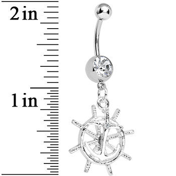 BodyCandy Crystalline Gem Captain Take the Wheel and Anchor Dangle Belly Ring — detail close-up