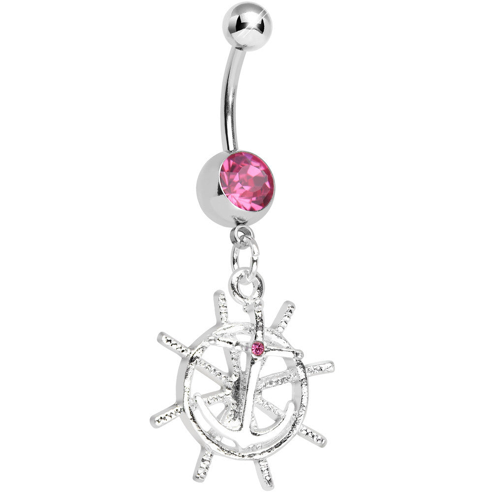 BodyCandy Pink Gem Captain Take the Wheel and Anchor Dangle Belly Ring — main product shot