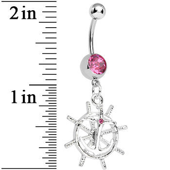 BodyCandy Pink Gem Captain Take the Wheel and Anchor Dangle Belly Ring — detail close-up