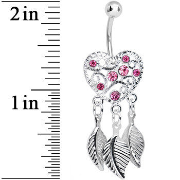 BodyCandy Pink Gem Filigree Heart Dreamcatcher Dangle Belly Ring — detail close-up