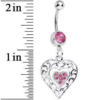 BodyCandy Pink Gem Layered Love Dual Heart Dangle Belly Ring — detail close-up