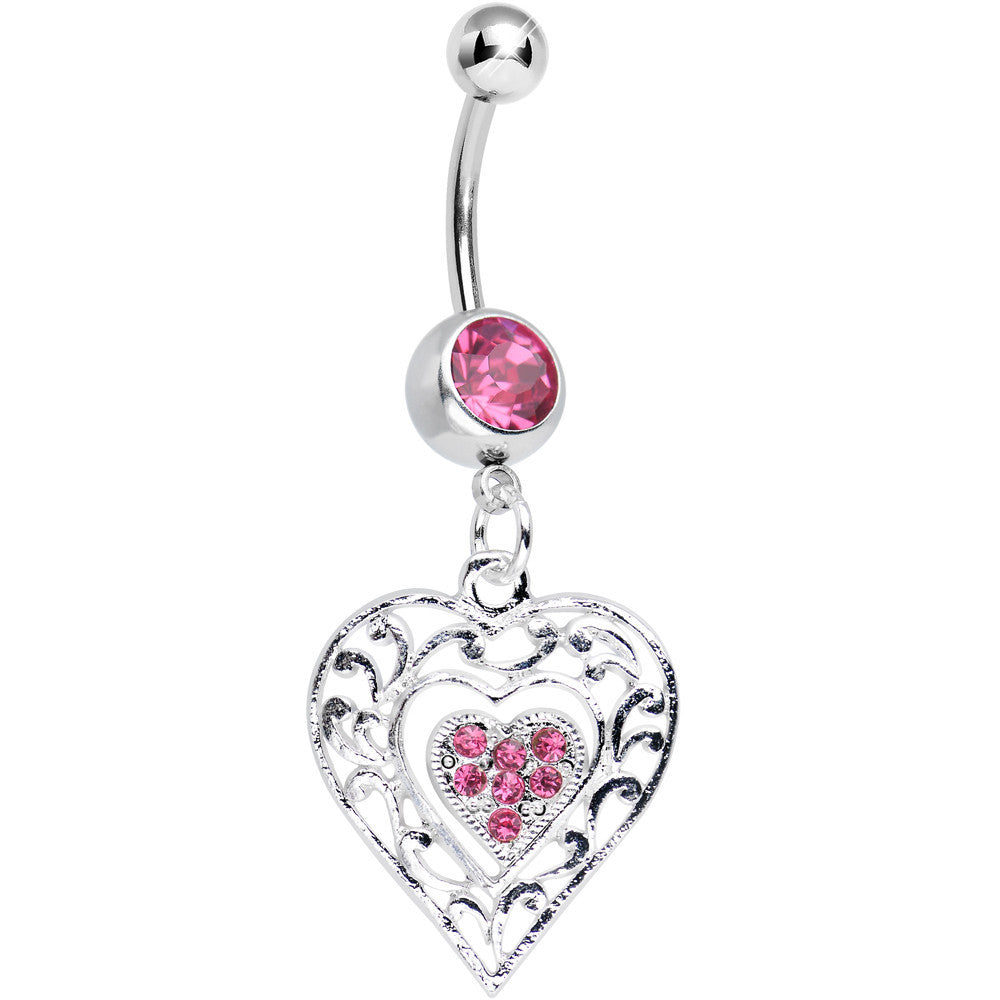 BodyCandy Pink Gem Layered Love Dual Heart Dangle Belly Ring — main product shot