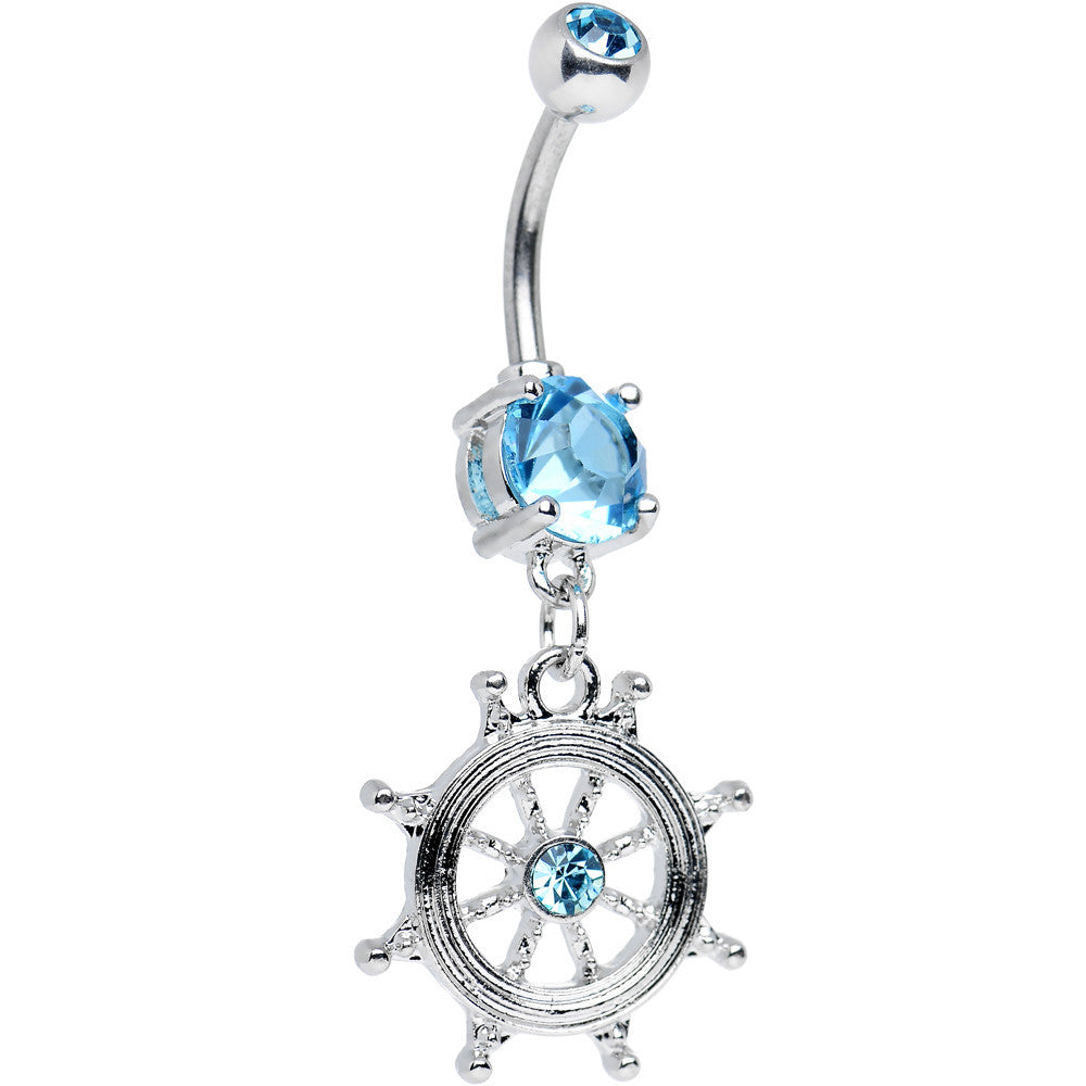 BodyCandy Aqua CZ Shimmering Sailor Captain Wheel Dangle Belly Ring — main product shot