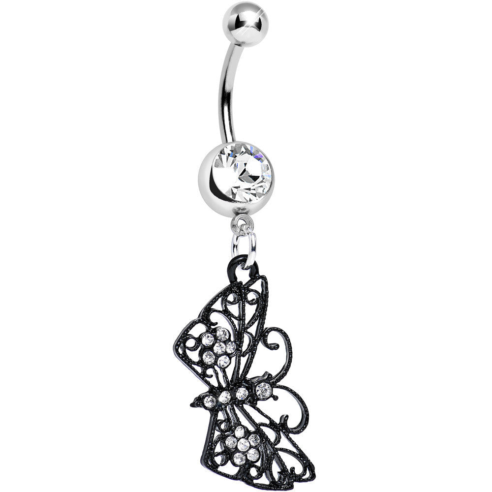 BodyCandy Clear Gem Floral Wings Black Butterfly Dangle Belly Ring — main product shot