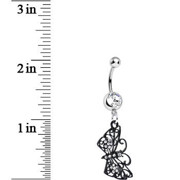 BodyCandy Clear Gem Floral Wings Black Butterfly Dangle Belly Ring — detail close-up
