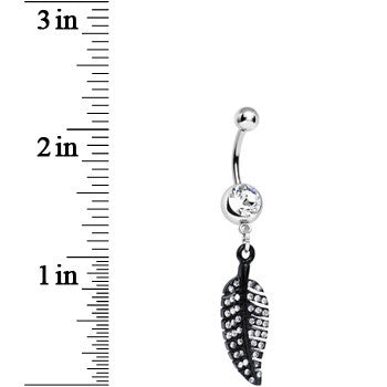 BodyCandy Clear Gem Glimmering Black Forest Leaf Dangle Belly Ring — detail close-up