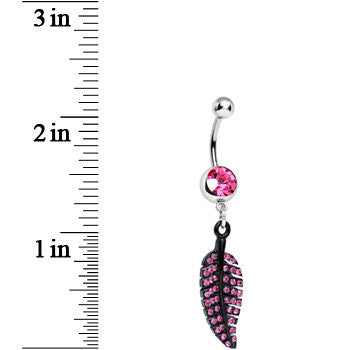 BodyCandy Pink Gem Glimmering Black Forest Leaf Dangle Belly Ring — detail close-up
