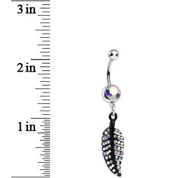 BodyCandy Aurora Gem Glimmering Black Forest Leaf Dangle Belly Ring — detail close-up