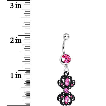 BodyCandy Pink Gem Black Frilly London Lace Dangle Belly Ring — detail close-up