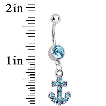 BodyCandy Aqua Gem Sparkle Anchor Dangle Belly Ring — detail close-up