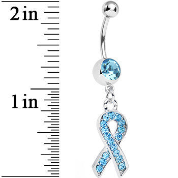BodyCandy Aqua Gem Fashionable Awareness Ribbon Dangle Belly Ring — detail close-up
