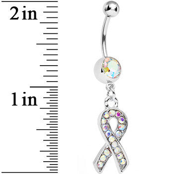 BodyCandy Aurora Gem Fashionable Awareness Ribbon Dangle Belly Ring — detail close-up