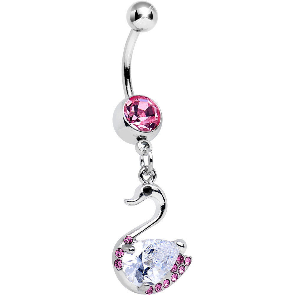 BodyCandy Pink and Clear Cubic Zirconia Elegant Swan Dangle Belly Ring — main product shot