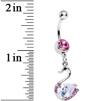 BodyCandy Pink and Clear Cubic Zirconia Elegant Swan Dangle Belly Ring — detail close-up