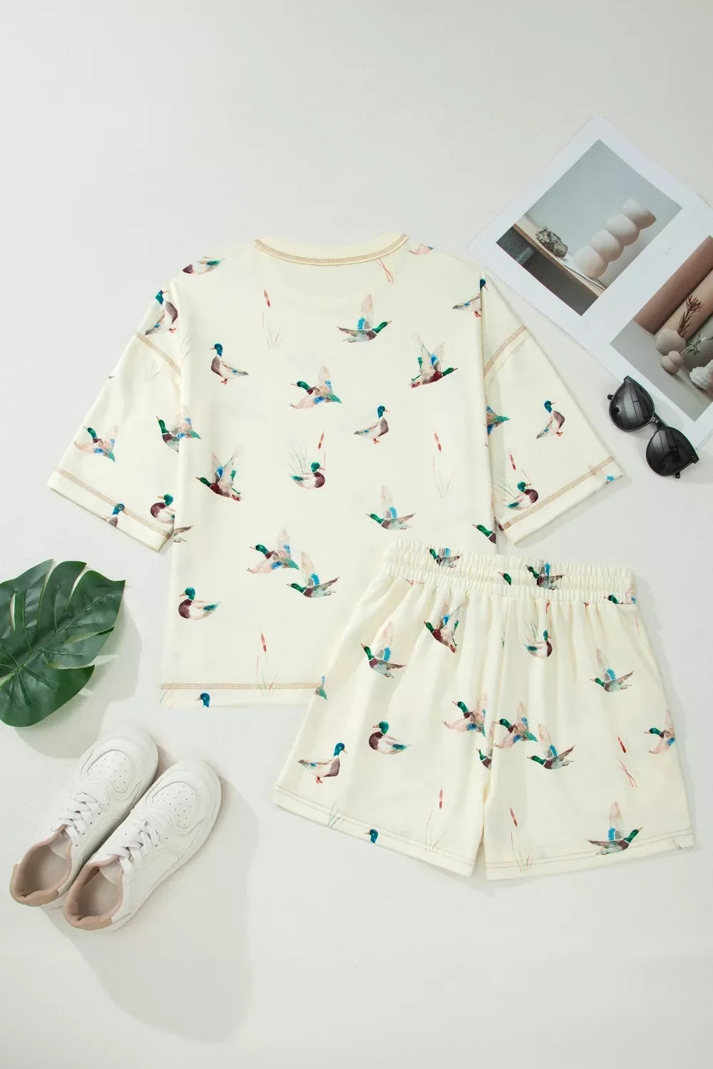 Mallard Duck Print Oversized Tee Drawstring Short Set