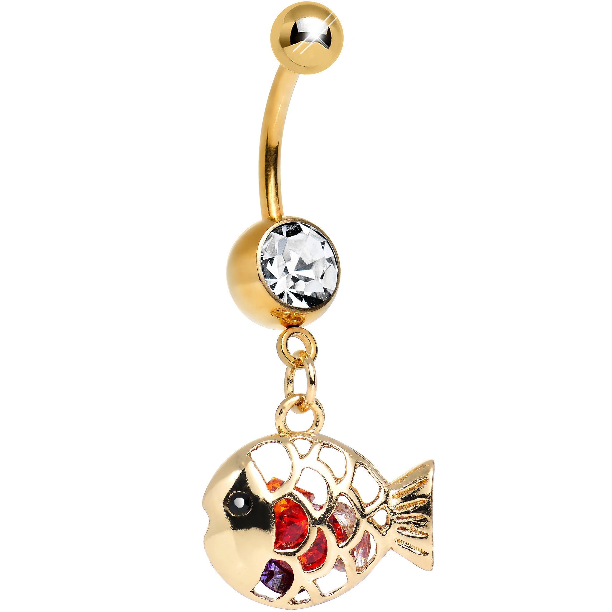 BodyCandy Multi Cubic Zirconia Gold Plated Glamorous Goldfish Dangle Belly Ring — detail close-up