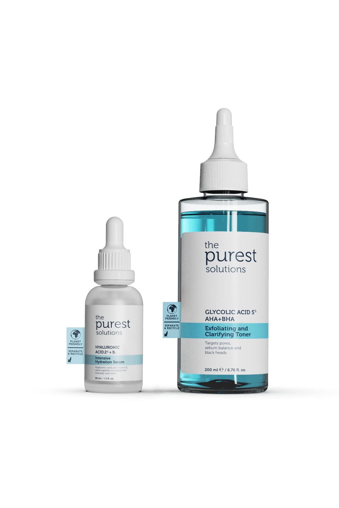 The Purest Solutions Skincare Set - Hydrating Serum & Exfoliating Toner for Dry, Irregular Skin - Hyaluronic Acid & Glycolic Acid