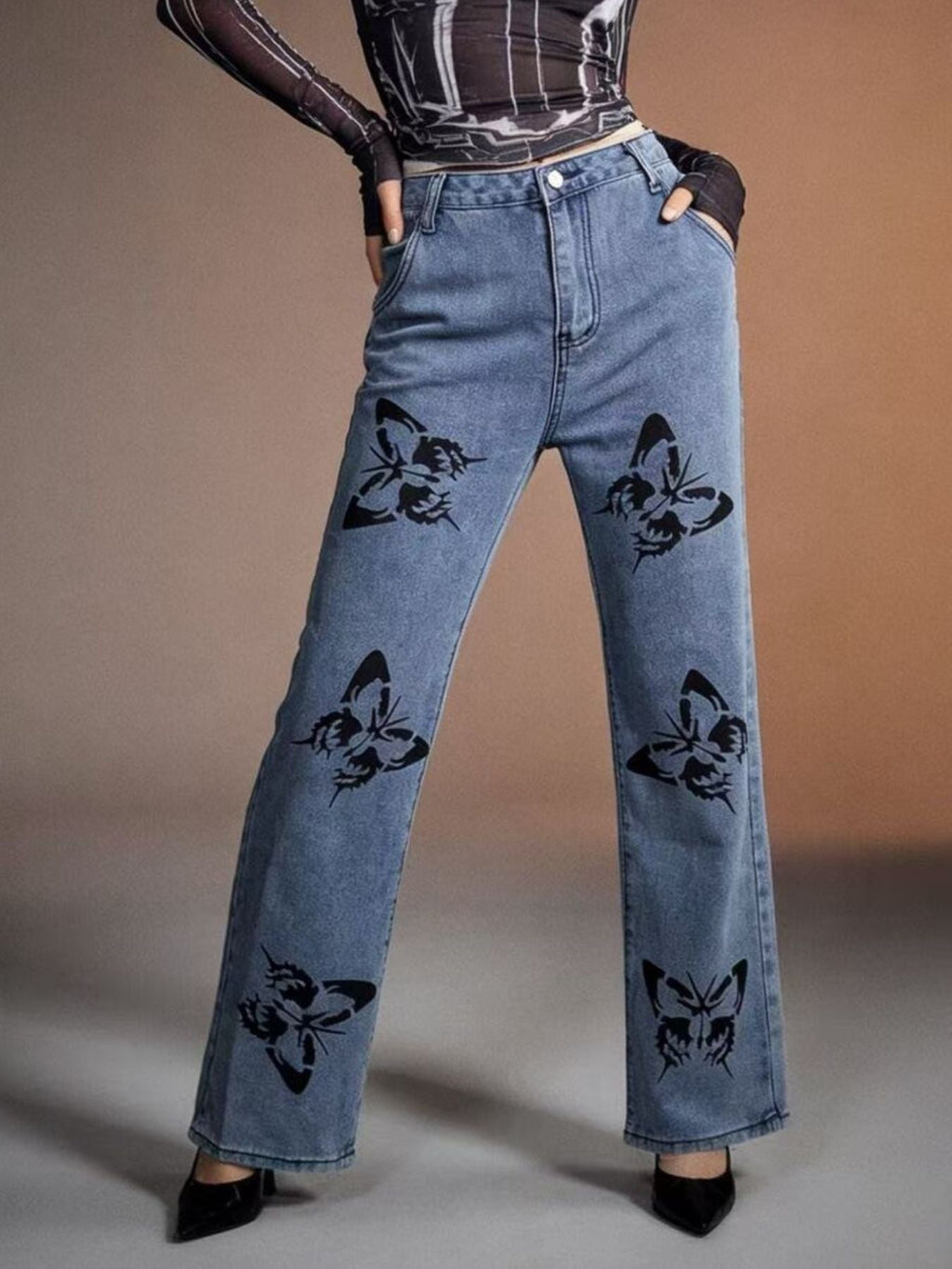 Butterfly Print High-Waisted Wide Leg Jeans