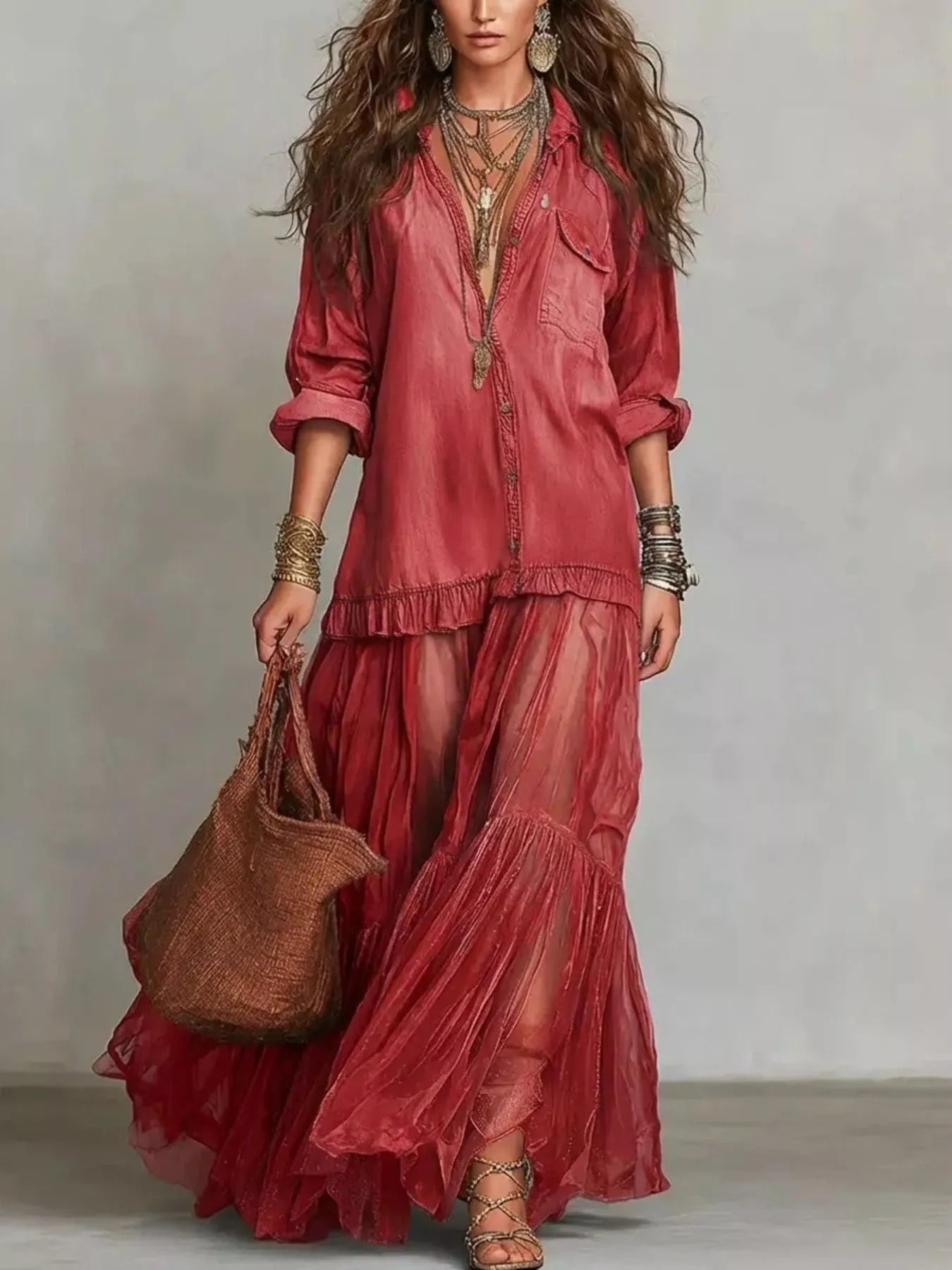 Long Sleeve Sheer Ruffle Maxi Dress