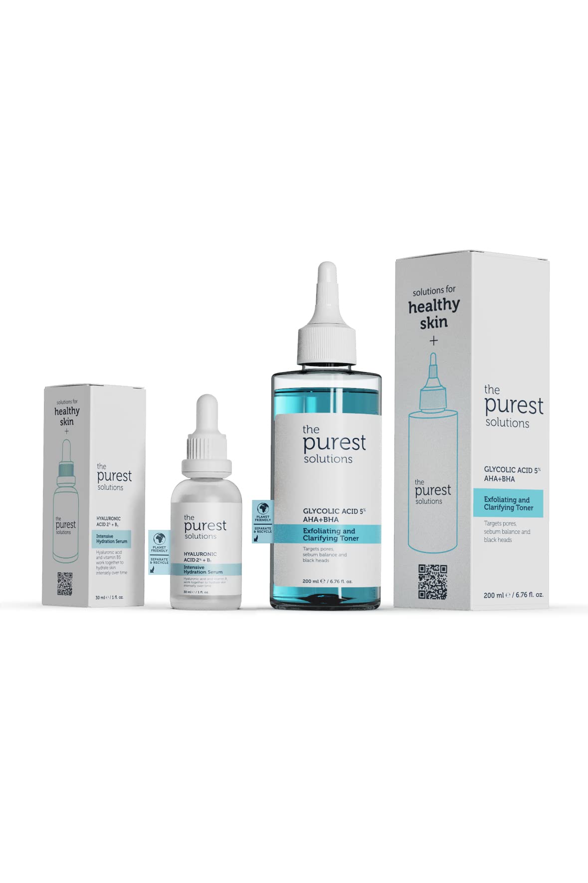 The Purest Solutions Skincare Set - Hydrating Serum & Exfoliating Toner for Dry, Irregular Skin - Hyaluronic Acid & Glycolic Acid